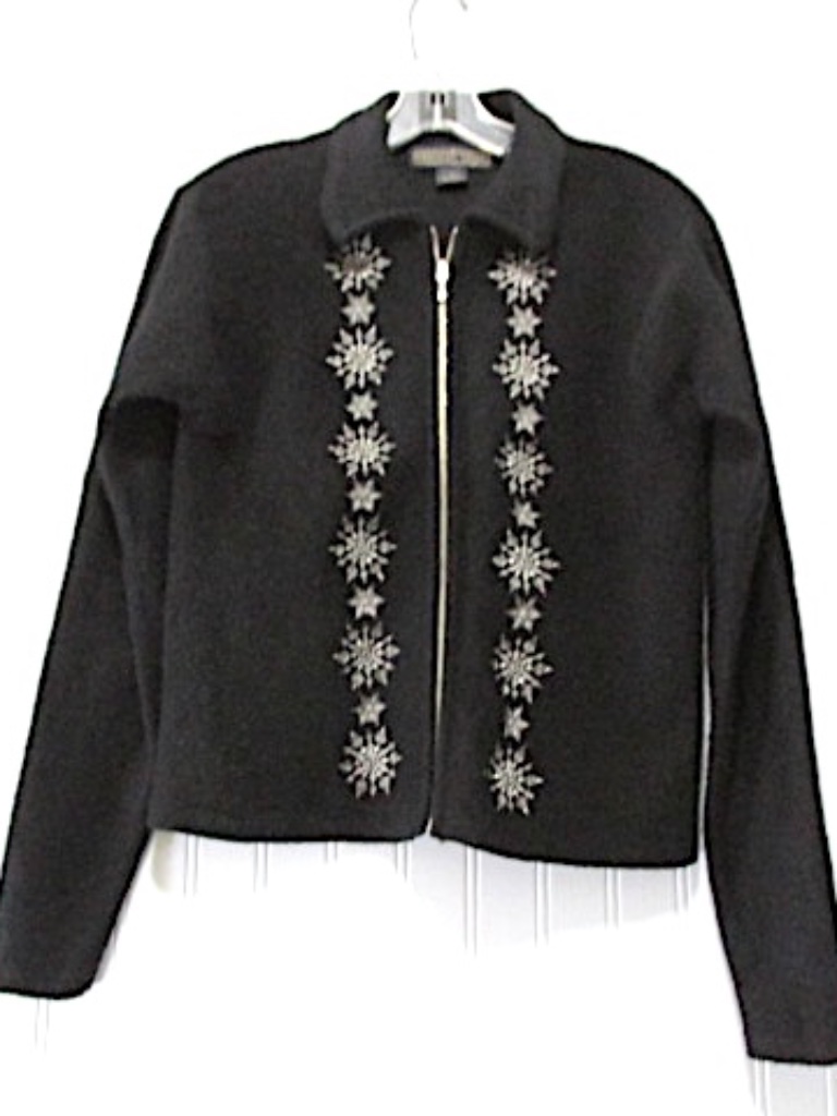 Vtg Black Embroidered Wool Sweater Jacket Size S